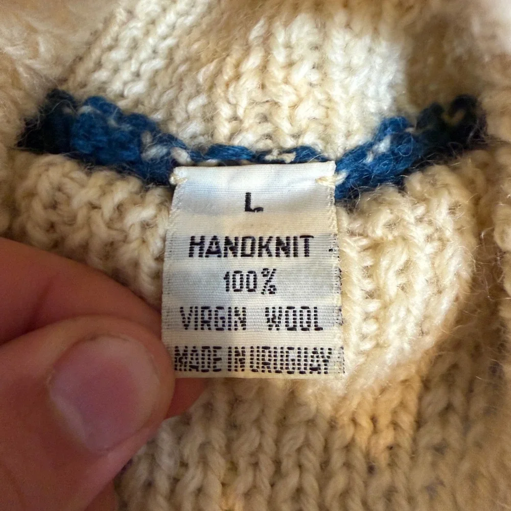 Vintage Handknit Uruguay Virgin Wool Ice Skater Turtleneck Sweater‎ Large Cream